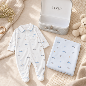 LIVLY Cars Remi – Baby Boy Pima Cotton Sleepsuit + Blanket – White Blue