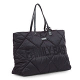 Black quilted Childhome Family Tote Bag with "FAMILY BAG" embossed text and black leather-look handles.
