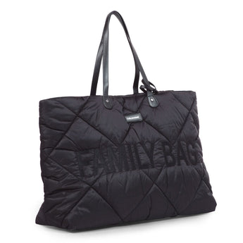 Black quilted Childhome Family Tote Bag with "FAMILY BAG" embossed text and black leather-look handles.