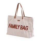 Childhome Family Tote Bag with beige and white stripes, brown leatherette handles, and "FAMILY BAG" in brown chenille.