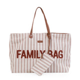 Childhome Family Tote Bag, a large striped canvas diaper bag with "FAMILY BAG" embroidered in brown, and a matching small pouch.