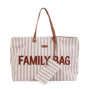 Childhome Family Tote Bag, a large striped canvas diaper bag with "FAMILY BAG" embroidered in brown, and a matching small pouch.