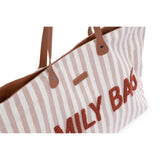 Childhome Family Tote Bag: large striped canvas diaper bag with brown faux leather handles and "FAMILY BAG" in chenille.
