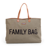 Childhome Family Tote Bag in olive green canvas with "FAMILY BAG" in black, brown leather handles.