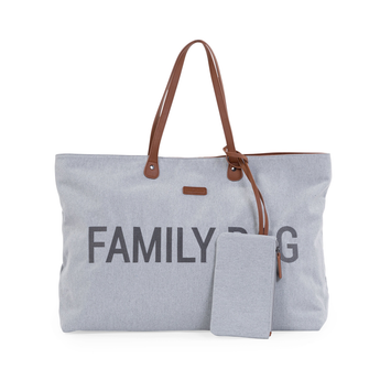 Light gray canvas Childhome Family Tote Bag with "FAMILY BAG" text, brown faux leather handles, and matching pouch.