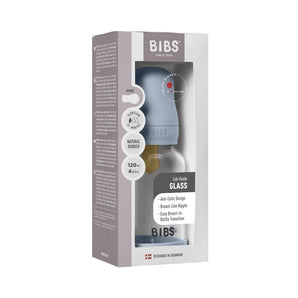 BIBS Glass Baby Bottle Round Latex 1 pack 240 ml Medium Flow Baby Blue