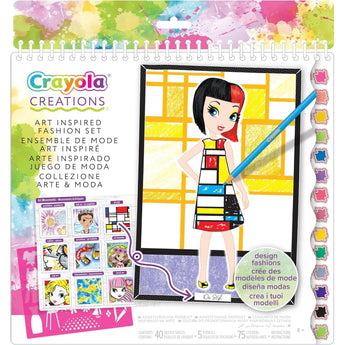 Crayola Creations Art History Fashion Sketch Portfolio with a doll, pencil, and art-inspired fashion designs.