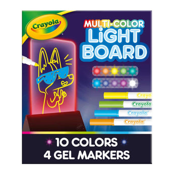 Crayola Multi-Color Light Board box with glowing dog drawing and 4 gel markers.