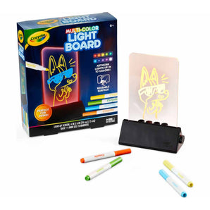 Crayola Multi-Color Light Board with glowing fox drawing, black base, and four mini gel markers.