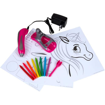 Crayola Neon Crayon Melter kit with pink melter, stand, power adapter, colorful crayons, and unicorn drawing.