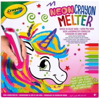Crayola Neon Crayon Melter kit with a pink melter pen and a colorful unicorn drawing.