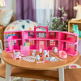 Crayola Scribble Scrubbie Super Salon playset with pink foldable house, white pets, markers, and accessories.
