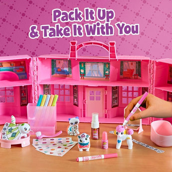 Pink Crayola Scribble Scrubbie Super Salon playset with pets, markers, and accessories.
