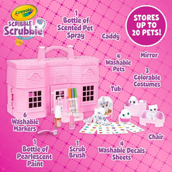 Pink Crayola Scribble Scrubbie Super Salon playset with pets, markers, paint, and accessories.