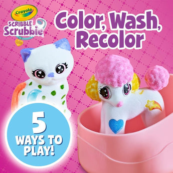 Crayola Scribble Scrubbie Pets: white cat with colorful spots, white poodle in pink tub.