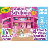 Crayola Scribble Scrubbie Super Salon playset with pink house, 4 pets, 16 washable markers, and accessories.