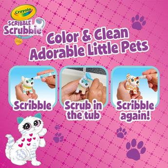 Crayola Scribble Scrubbie Pets: white cat with pink hearts, coloring, scrubbing, and re-coloring pets.
