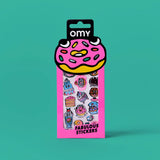 Pack of stickers with a pink donut design on a teal background
