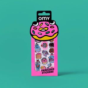 Pack of stickers with a pink donut design on a teal background