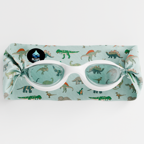 White  Junior Swimming Goggles – Ultra-Soft Band with Green Dinosaurs