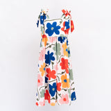 Colorful floral dress with blue, red, orange, and pink flowers on a white background