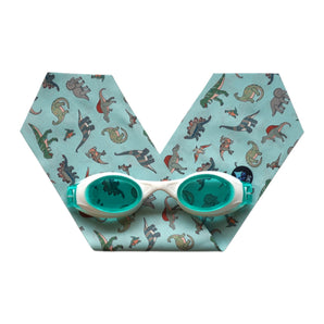 White  Junior Swimming Goggles – Ultra-Soft Band with Green Dinosaurs
