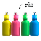 Four small bottles of neon paint: yellow, pink, green, and blue, with clear dropper caps.