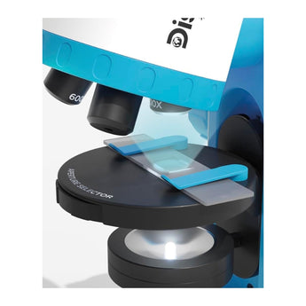 Blue and white Discovery Kids microscope with a slide on the stage, showing 600x magnification.