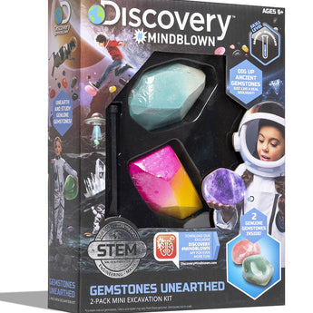 Discovery Mindblown Mini Unearthed Gemstones Dig Set, 2 Pack Excavation Kit w/ Chisel, App & Poster, Interactive Archaeology Geology Experiment, Fun & Educational Science STEM Toy for Kids 6+