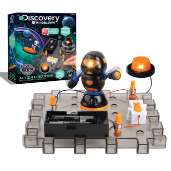 Discovery Mindblown Robot Spinner experiment set with black robot, orange lights, and circuit board.
