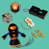 Black and orange robot spinner, circuit board, LED light, battery pack, switch, and connectors.