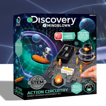 Discovery Mindblown Toy Circuitry Action Experiment Set box with a robot spinner, LED lights, and circuit board.