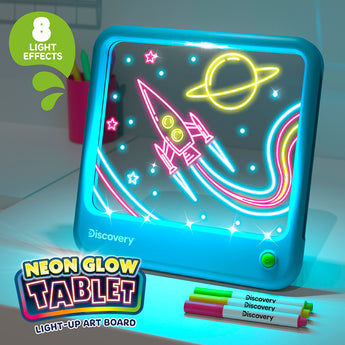 Discovery Neon Glow Tablet light-up art board with a glowing rocket and planet design, three neon markers.