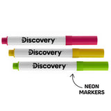 Three Discovery neon markers: pink, yellow, and green, with white barrels and black logos.