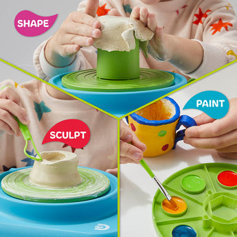 Child shaping clay on a green and blue motorized pottery wheel, sculpting with a tool, and painting a yellow clay mug.