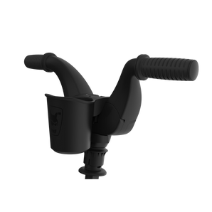 Black Doona Liki Cup Holder attached to a trike handlebar, designed for toddler's drinks.