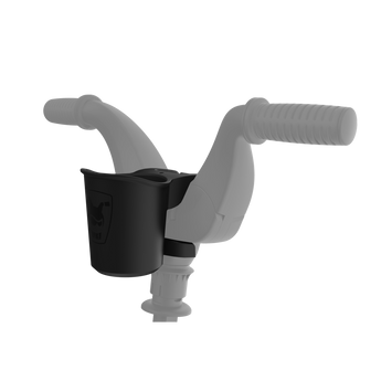 Doona Liki black cup holder attached to a gray trike handlebar, designed for beverages.