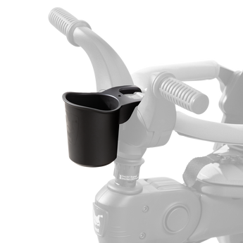 Black Doona Liki Cup Holder attached to a gray trike handlebar, designed for beverages.