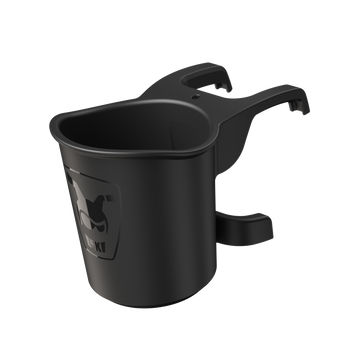 Black Doona Liki cup holder with a sleek design and Liki logo, for strollers and bikes.