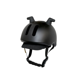 Doona Liki Helmet Black: matte black helmet with unique silicon horns, vents, and adjustable chin strap.