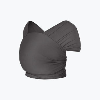 Ergobaby Aura sustainably sourced knit baby wrap in grey stripes, shown folded.