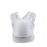 Ergobaby Aura sustainably sourced knit baby wrap in grey with white vertical stripes, folded.