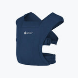 Ergobaby Embrace Heather Grey newborn carrier, soft navy blue fabric with white logo, adjustable straps.