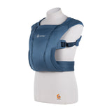 Ergobaby Embrace Heather Grey newborn carrier on a mannequin, showcasing its soft blue fabric and adjustable straps.