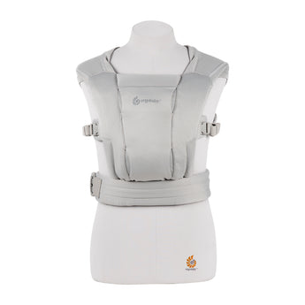Ergobaby Embrace Heather Grey newborn carrier on a mannequin, showcasing its soft, structured design.