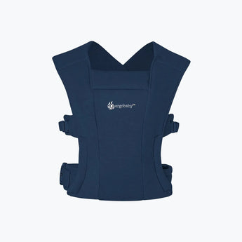 Ergobaby Embrace Heather Grey newborn carrier, soft navy fabric with buckles and Ergobaby logo.