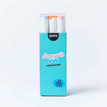 OMY Smooth Ink 9 alcohol markers in teal packaging with brush and fine tips
