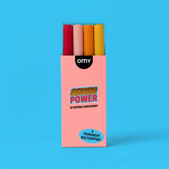 OMY Brush Power 12 acrylic brush-tip markers, closed pink box packaging