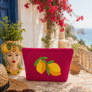 Kids Beach Towel Pouch - Fuchsia with Yellow Lemon