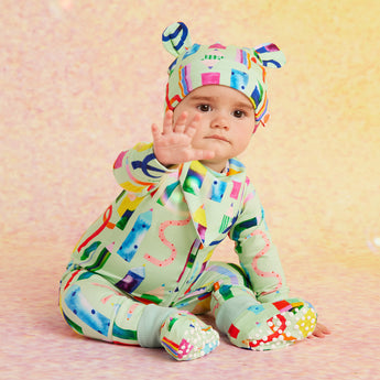 Halcyon Nights Scribble Squad Long Sleeve Baby Romper | Organic Cotton Zip Suit